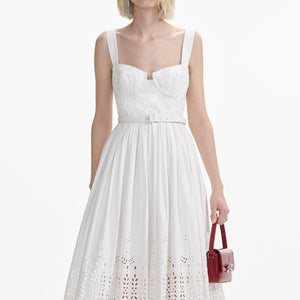 SELF PORTRAIT SS24 White Cotton Broderie Midi Dress