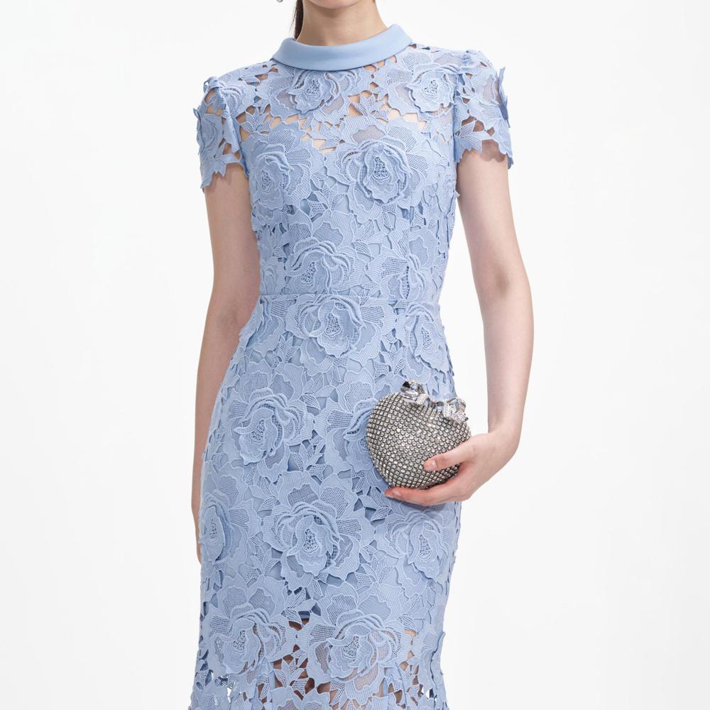 SELF PORTRAIT SS24 Blue Flower Lace Contrast Collar Midi Dress