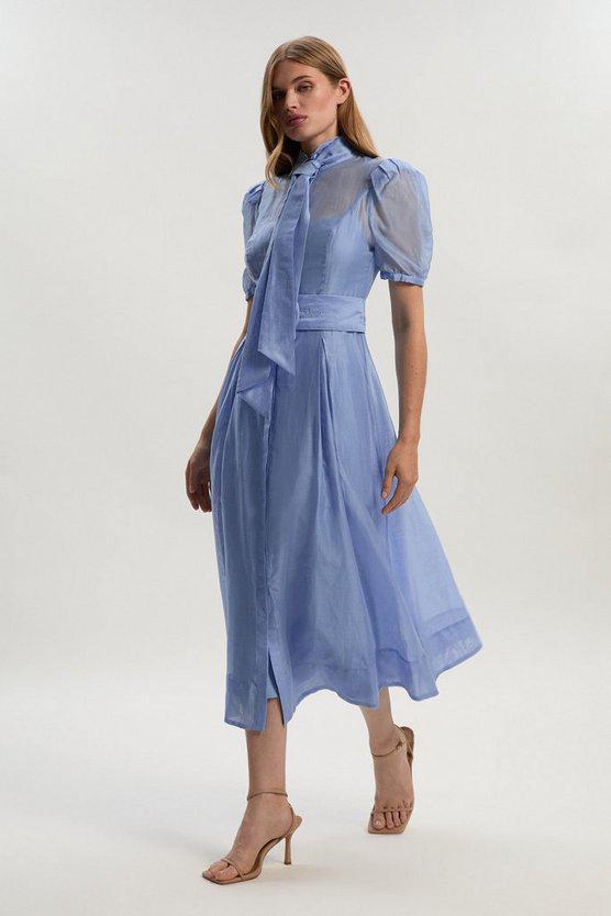 Karen Millen UK SALE Organdie Tie Neck Woven Midi Dress - light blue