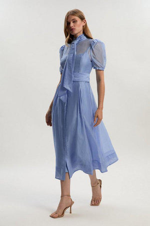 Karen Millen UK SALE Organdie Tie Neck Woven Midi Dress - light blue