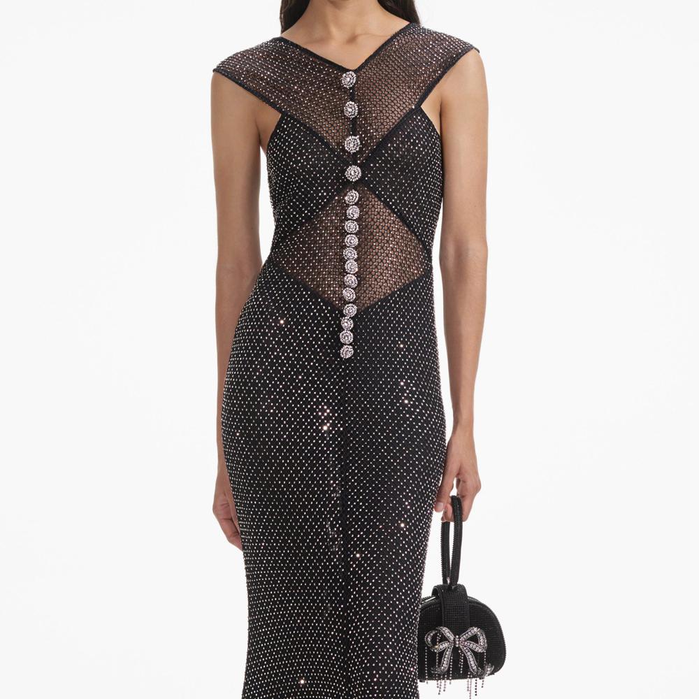 SELF PORTRAIT SS24 Black Rhinestone Fishnet Crossover Midi Dress