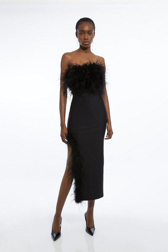 Karen Millen UK SALE Figure Form Bandage Feather Detail Bandeau Knit Midi Dress - black