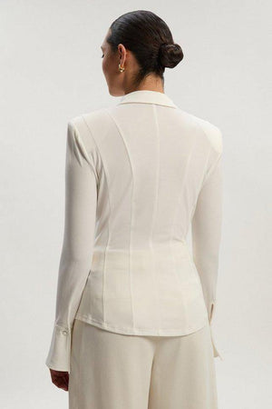 Karen Millen UK SALE Power Shoulder Drapey Crepe Seam Detail Shirt - ivory
