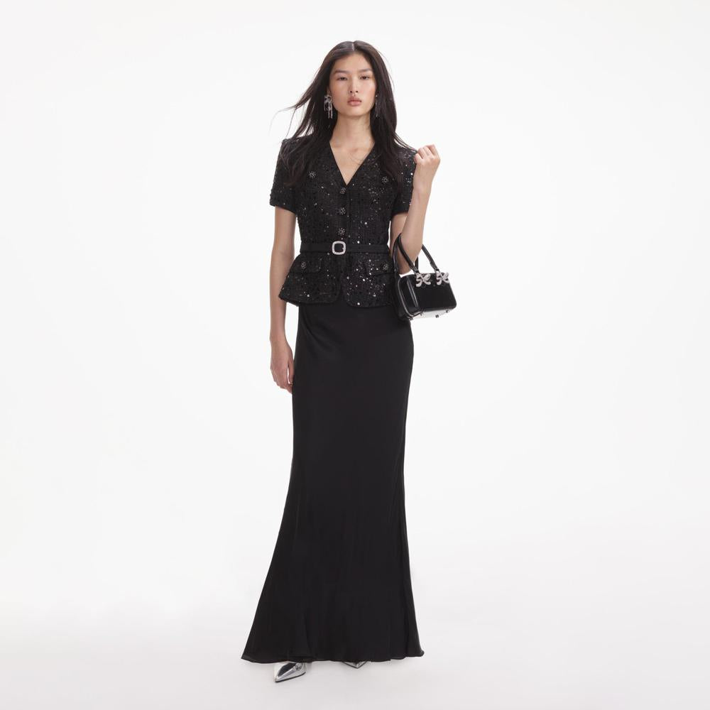 SELF PORTRAIT SS24 Black Sequin Boucle Maxi Dress