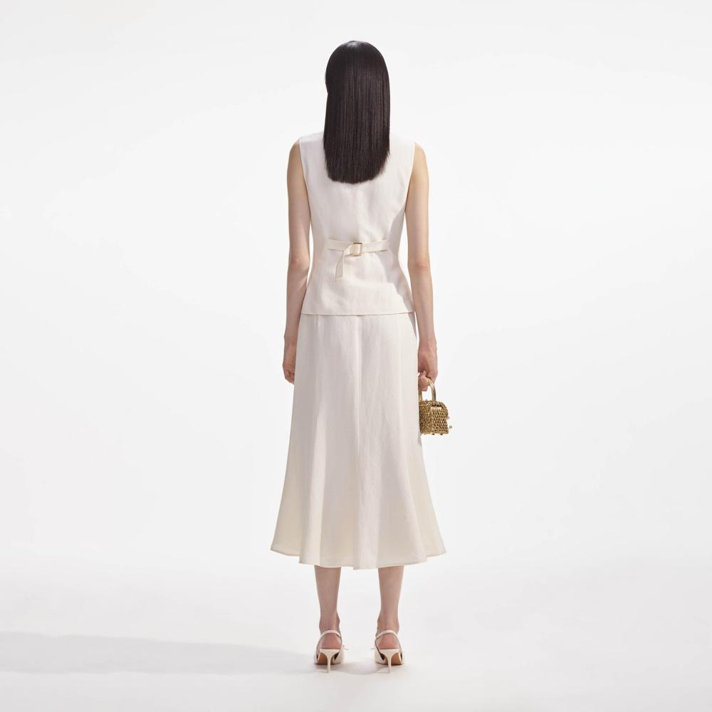 SELF PORTRAIT SS24 Cream Linen Midi Dress