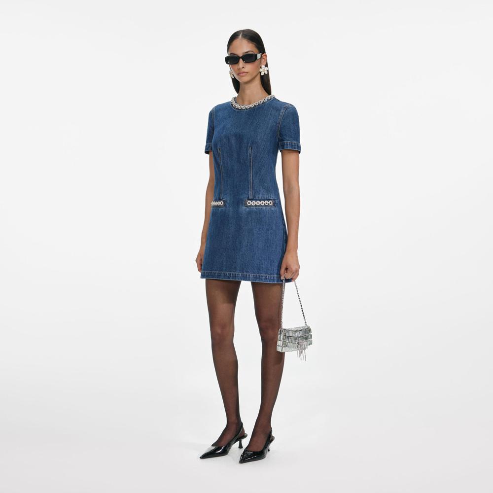 SP VIP PRICE Denim Crystal Trim Mini Dress