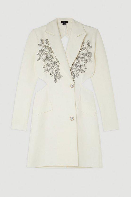 Karen Millen UK SALE Embellished Figure Form Bandage Cut Out Back Blazer Dress - cream