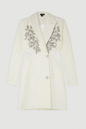 Karen Millen UK SALE Embellished Figure Form Bandage Cut Out Back Blazer Dress - cream