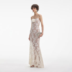 SELF PORTRAIT SS24 Cream Rhinestone Lace Maxi Dress