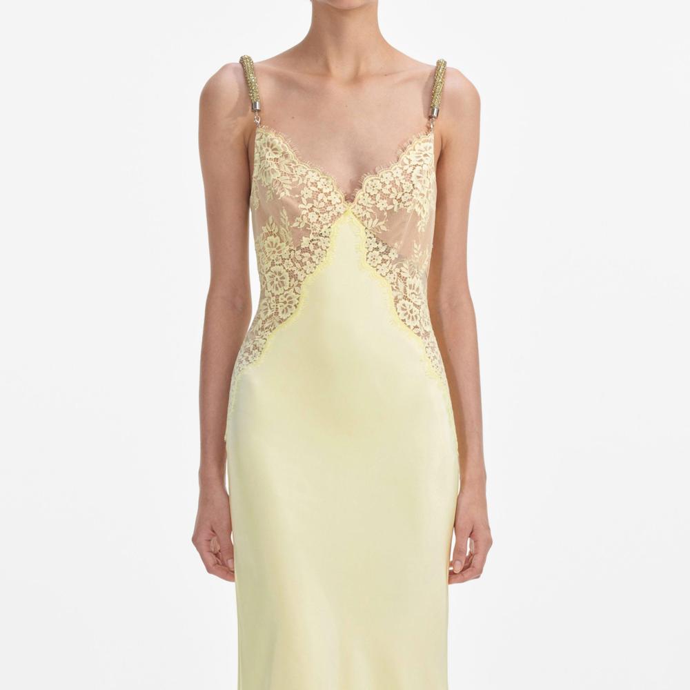 SELF PORTRAIT SS25 VIP PRICE Yellow Lace Satin Maxi Dress