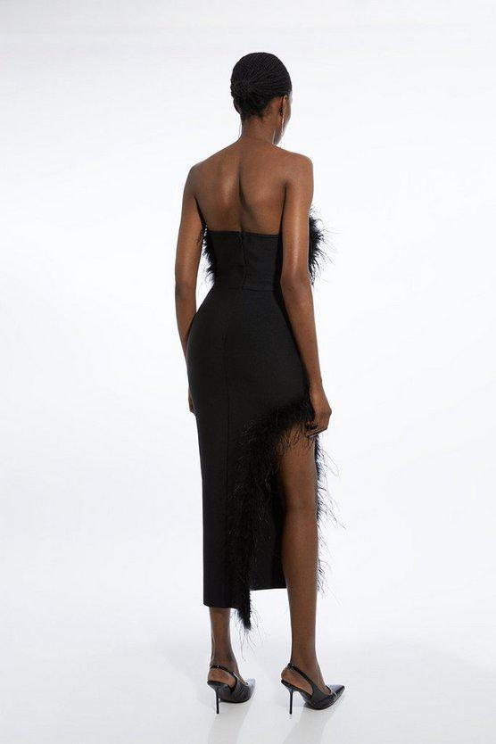 Karen Millen UK SALE Figure Form Bandage Feather Detail Bandeau Knit Midi Dress - black