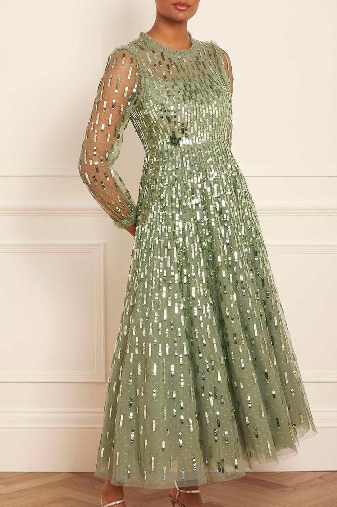 Needle & Thread SPRING/SUMMER Sequin Dash Long Sleeve Ankle Gown - green