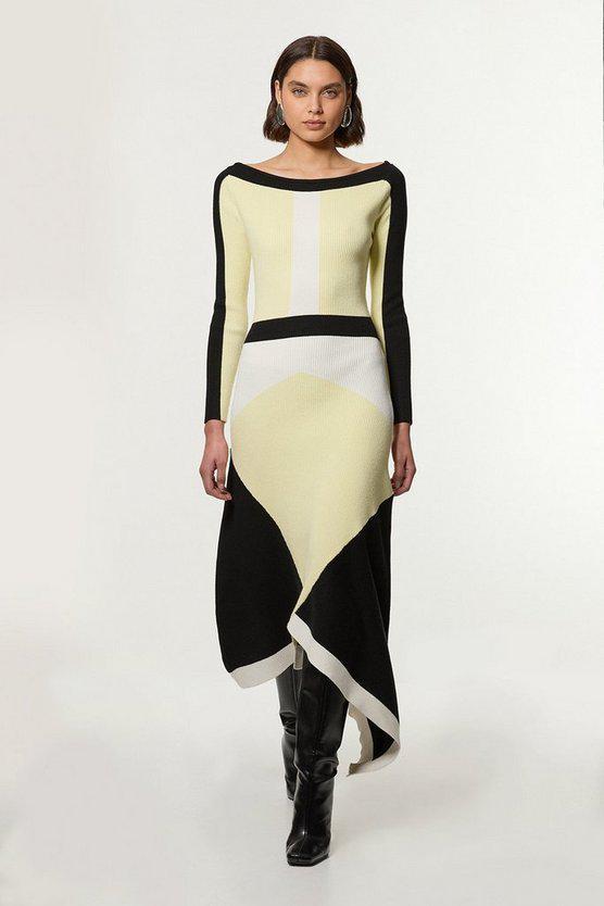 Karen Millen UK SALE Viscose Blend Knit Asymmetric Colour Block Dress - soft lime