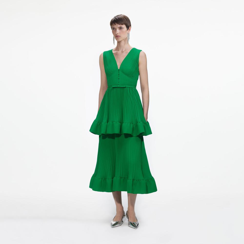 SELF PORTRAIT SS24 Green Tiered Chiffon Midi Dress