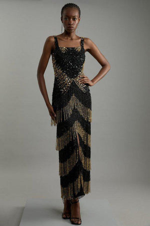 Karen Millen UK SALE Petite Embellished Mirrored Fringe Strappy Maxi Dress