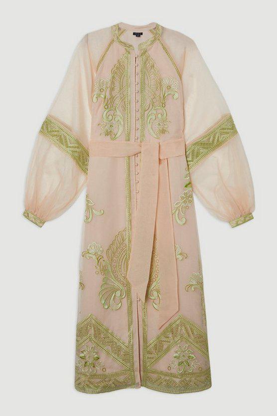 Karen Millen UK SALE Embroidered Organdie Balloon Sleeve Woven Maxi Dress - lime