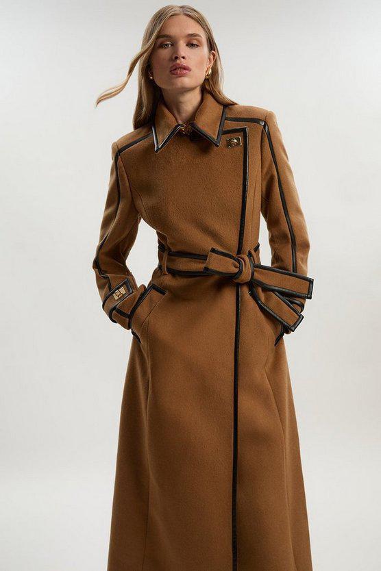 Karen Millen UK SALE Brushed Wool Pu Trim Belted Tailored Double Breasted Midi Coat - camel