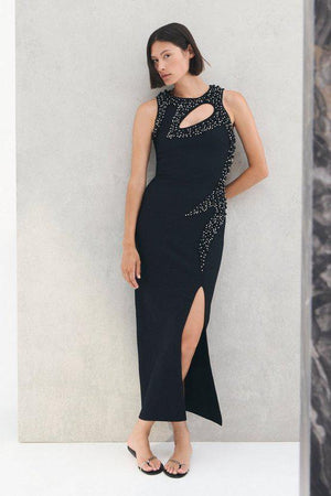 Karen Millen UK SALE Embellished Figure Form Bandage Sleeveless Knit Maxi Dress - navy