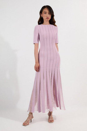 Karen Millen UK SALE Viscose Blend Filament Full Skirt Knit Midi Dress - dusty pink