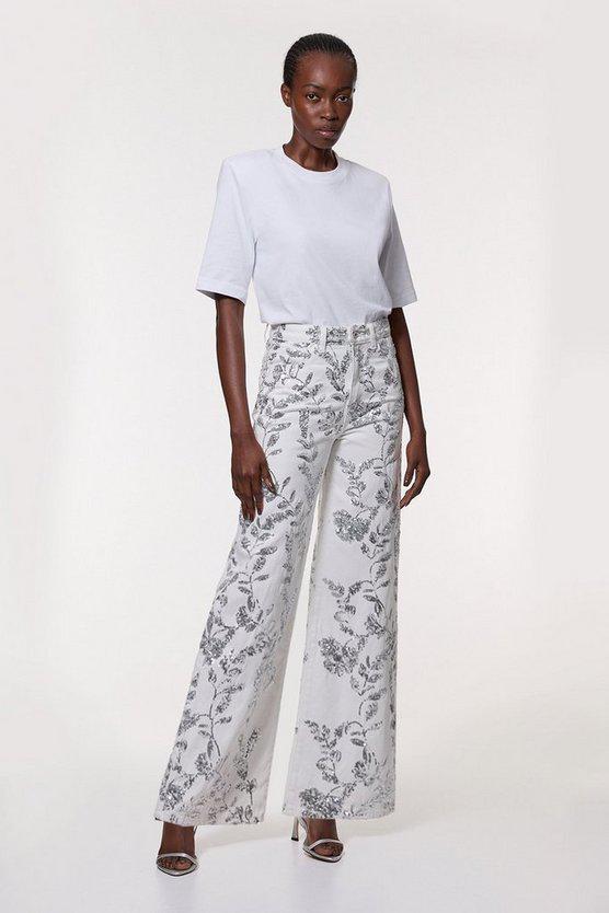 Karen Millen UK SALE Denim All Over Floral Sequin Wide Leg Trousers - ivory