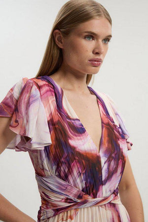 Karen Millen UK SALE Marble Soft Pleated V Neck Woven Maxi Dress