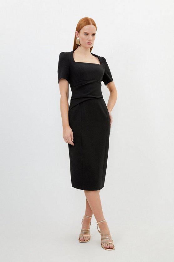 Karen Millen UK SALE Tailored Structured Crepe Drape Square Neck Midi Dress - black