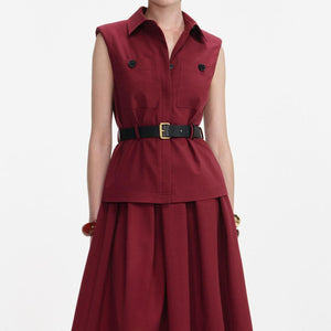 SP VIP PRICE Burgundy Twill Belted Midi Dress