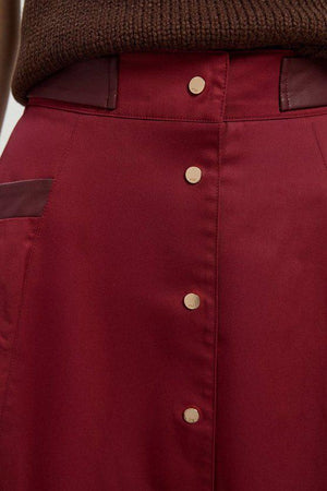 Karen Millen UK SALE Cotton & Faux Leather Tab Full Maxi Skirt - burgundy