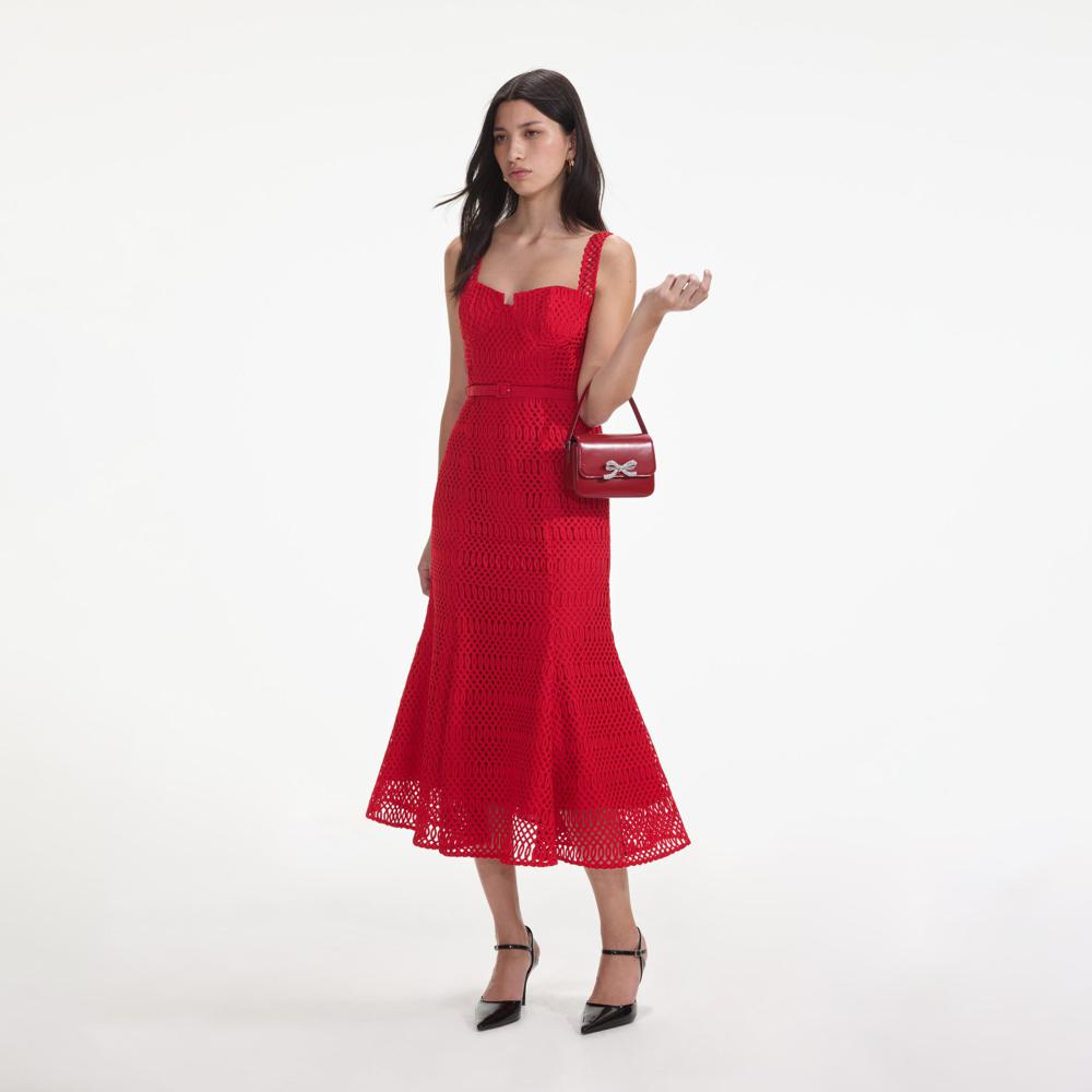 SELF PORTRAIT SS24 Red Lattice Lace Midi Dress