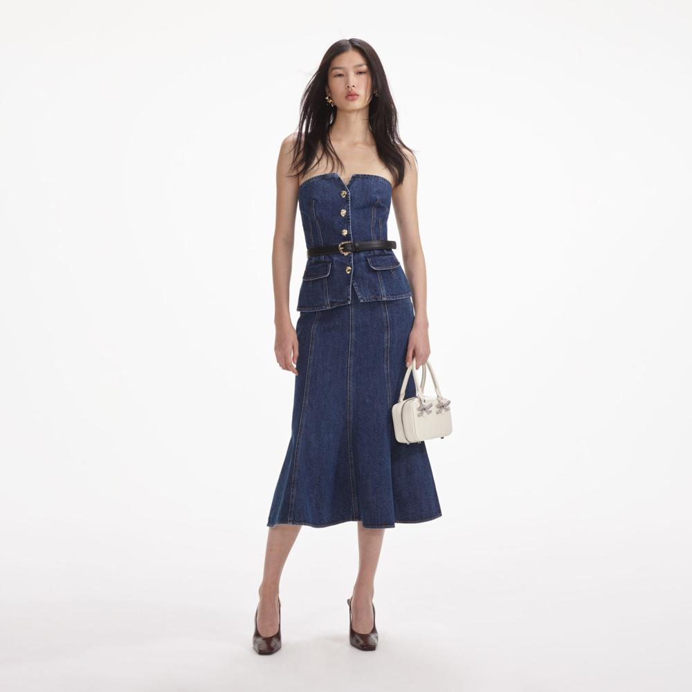 SELF PORTRAIT SS24 Denim Bandeau Midi Dress