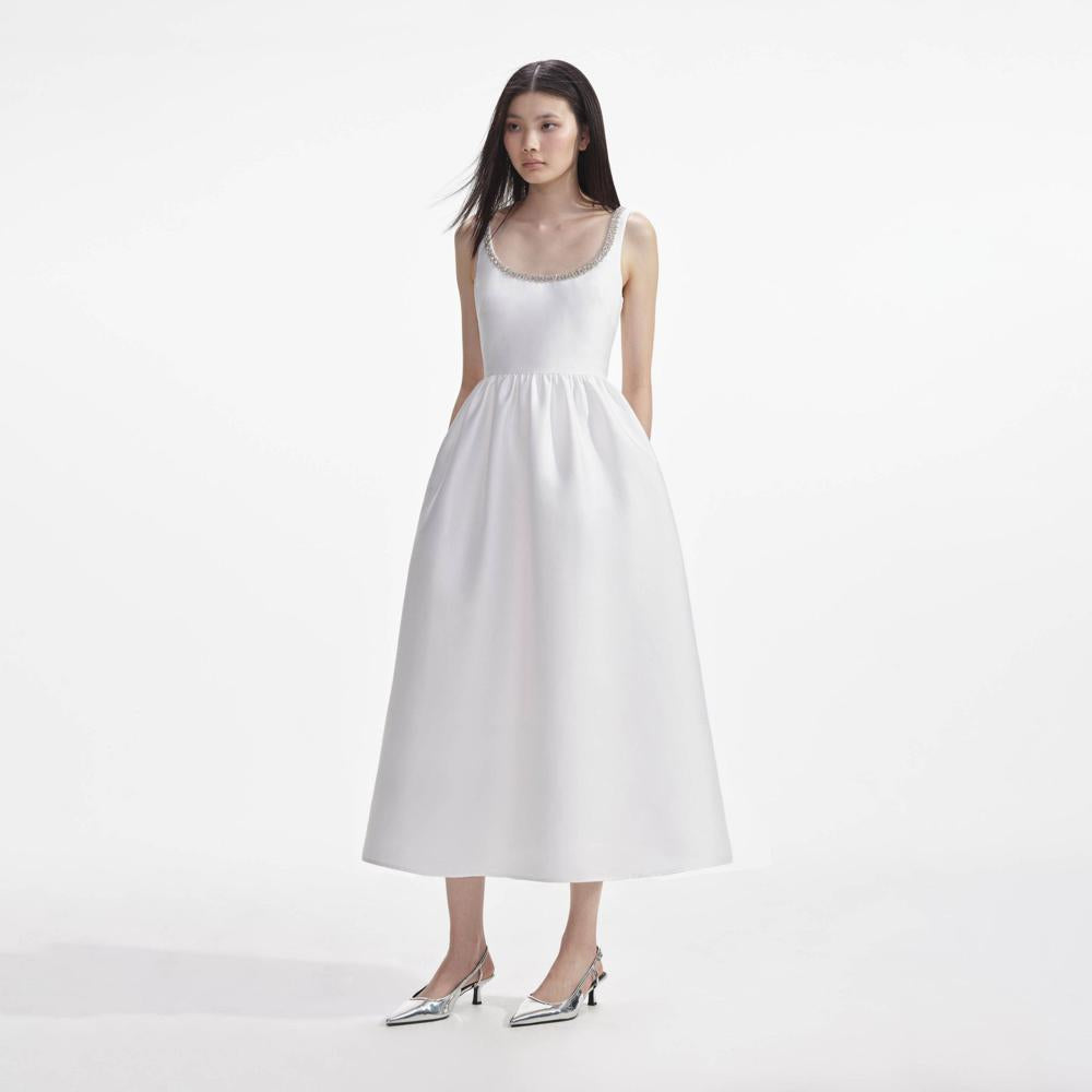 SELF PORTRAIT SS24 White Taffeta Diamante Midi Dress