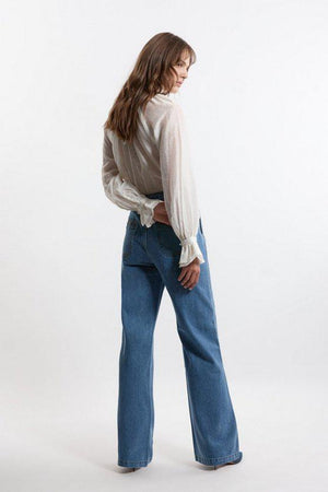 Karen Millen UK SALE Denim Tailored Button Front Straight Leg Jeans - mid blue