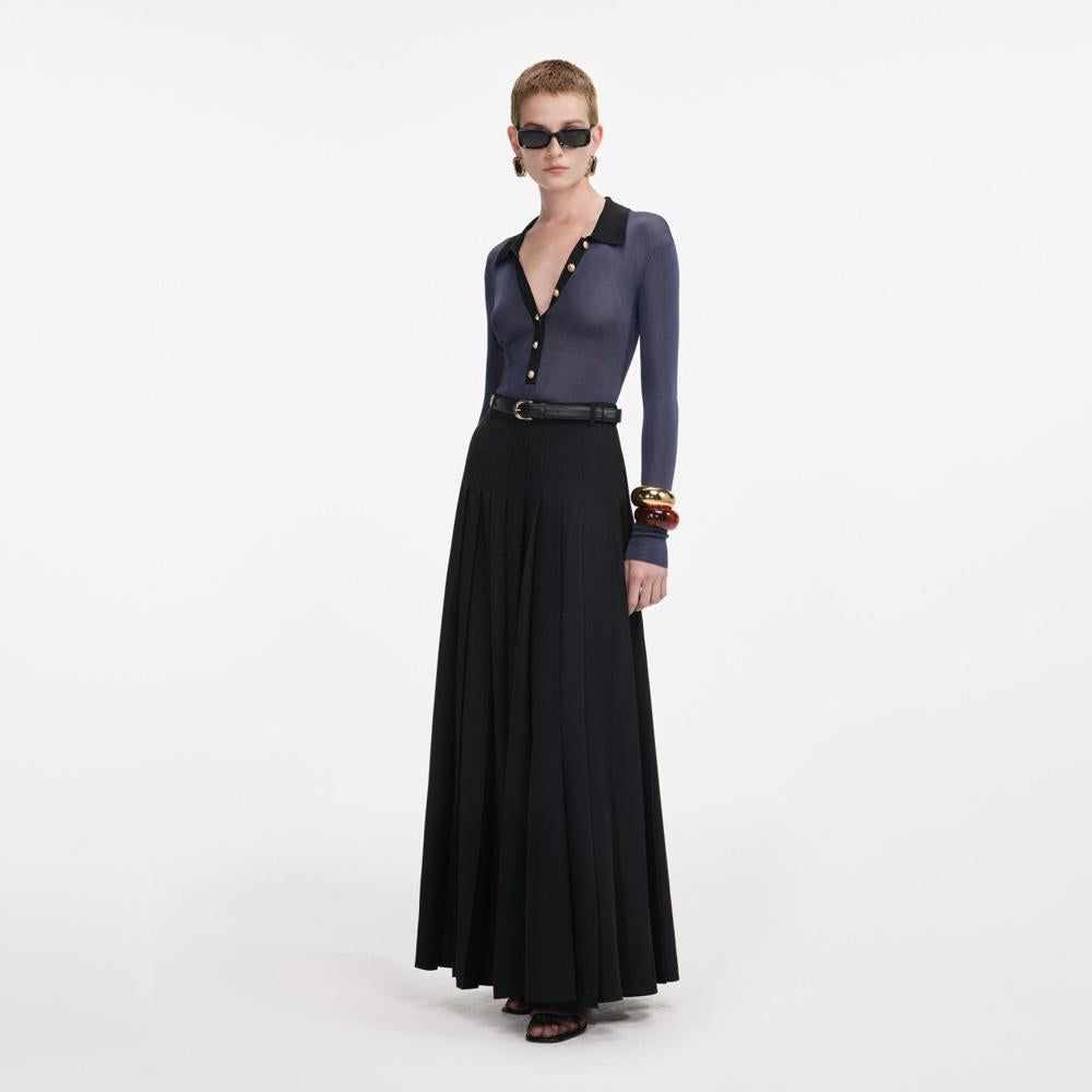 SP VIP PRICE Black Pleated Twill Maxi Skirt