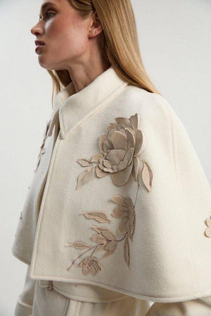 Karen Millen UK SALE Brushed Wool Pu Mix Placed Floral Embroidery Applique Tailored Cape Full Skirted Midi Coat - ivory