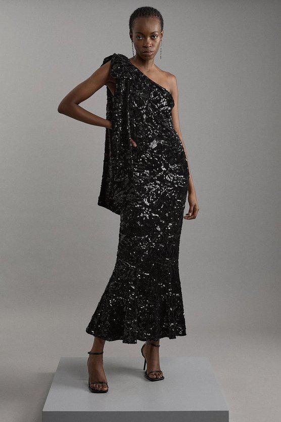 Karen Millen UK SALE Velvet Sequin One Shoulder Woven Maxi Dress - black