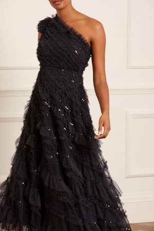 Needle & Thread SPRING/SUMMER Spiral Sequin One-Shoulder Ankle Gown - black