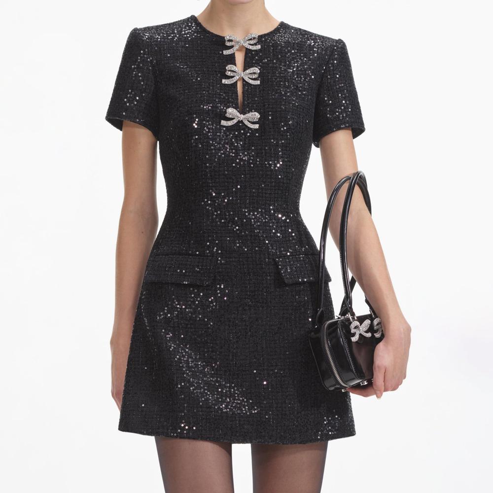 SELF PORTRAIT VIP SS24 Black Boucle Bow Mini Dress