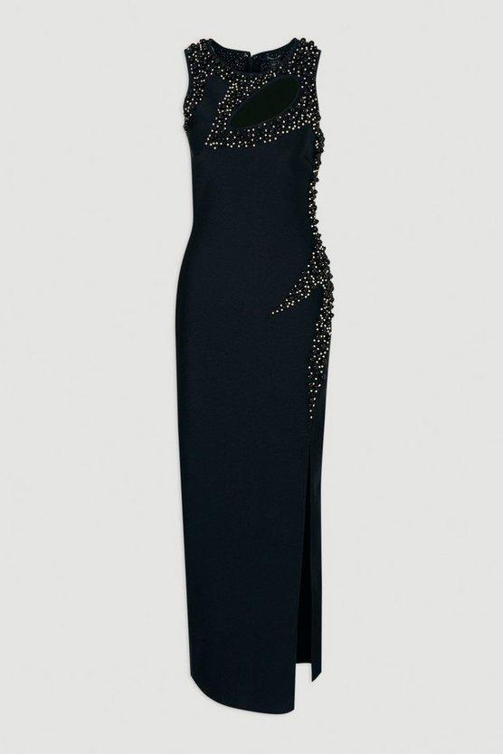 Karen Millen UK SALE Embellished Figure Form Bandage Sleeveless Knit Maxi Dress - navy