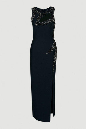 Karen Millen UK SALE Embellished Figure Form Bandage Sleeveless Knit Maxi Dress - navy