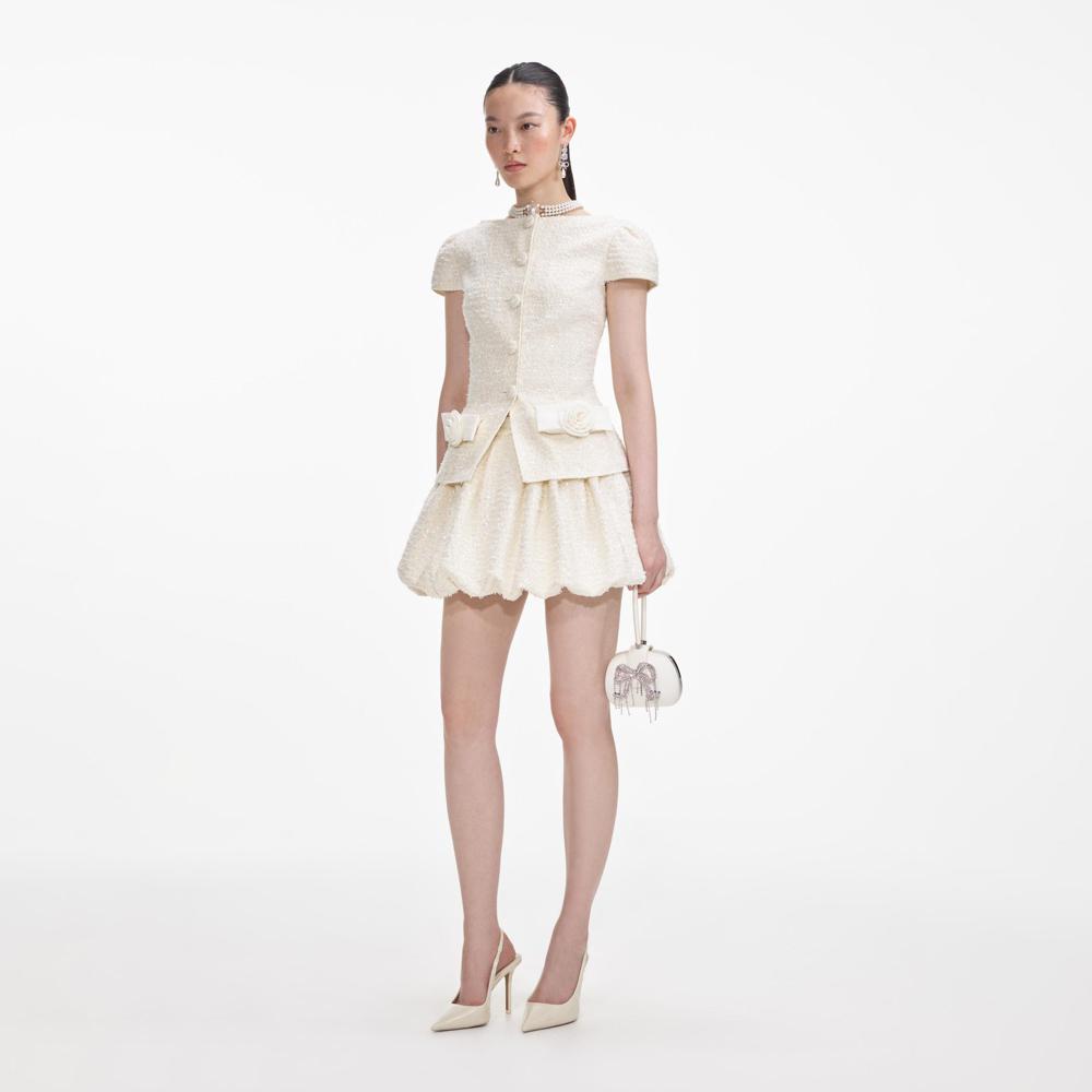 SELF PORTRAIT VIP SS24 Cream Boucle Bow Detail Mini Dress