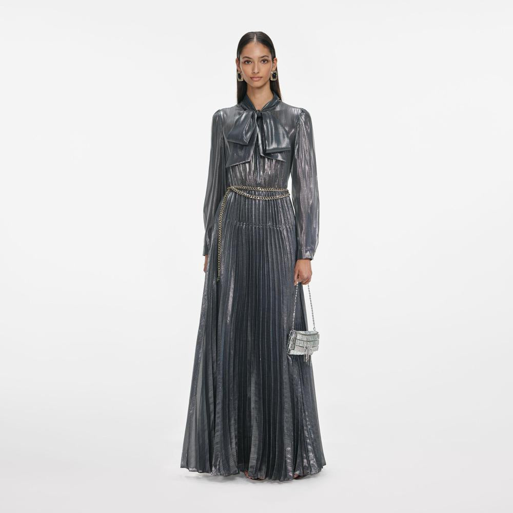 SP VIP PRICE Grey Metallic Tie Neck Maxi Dress