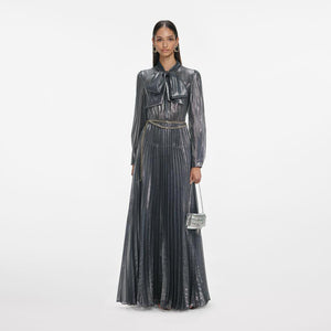 SP VIP PRICE Grey Metallic Tie Neck Maxi Dress
