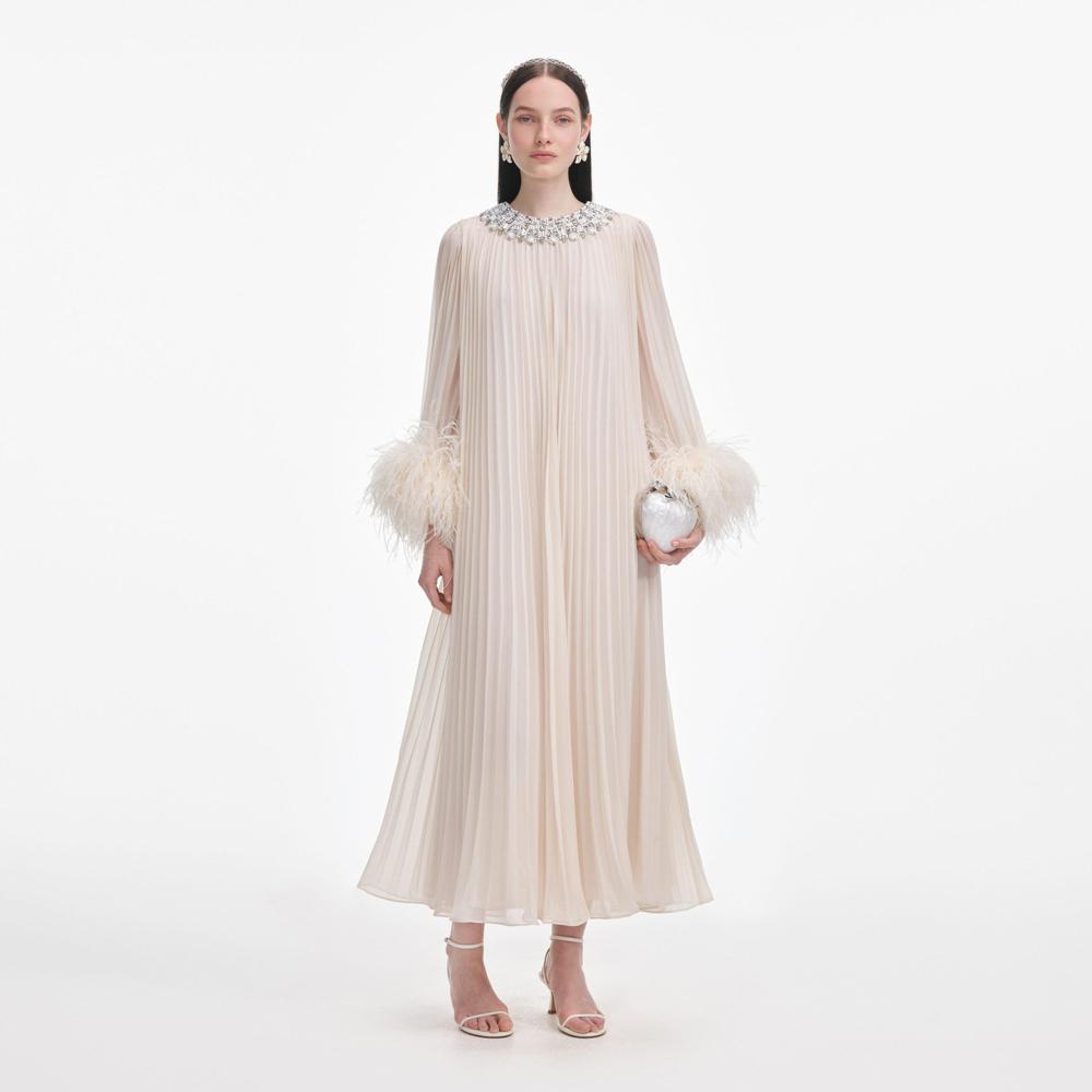 SP VIP PRICE Cream Chiffon Feather Midi Dress