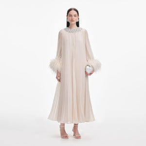 SP VIP PRICE Cream Chiffon Feather Midi Dress