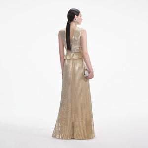 SELF PORTRAIT SS24 Gold Metallic V-Neck Maxi Dress