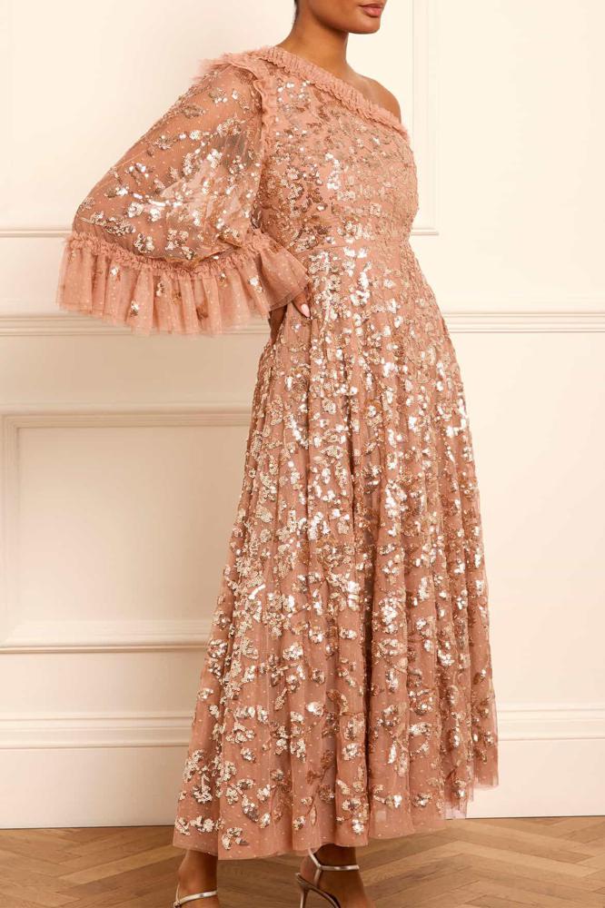 Needle & Thread CYBER SALE Falling Leaves One-Shoulder Ankle Gown - beige