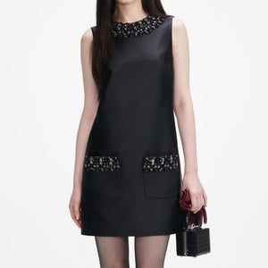 SP VIP PRICE Black Taffeta Embellished Trim Mini Dress