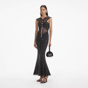 SELF PORTRAIT SS24 Black Rhinestone Fishnet Crossover Midi Dress