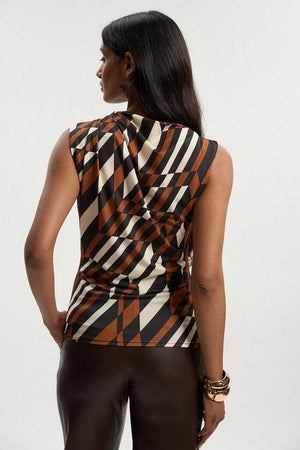 Karen Millen UK SALE Geo Printed Jersey Crepe Asymmetrical Neck Detail Top