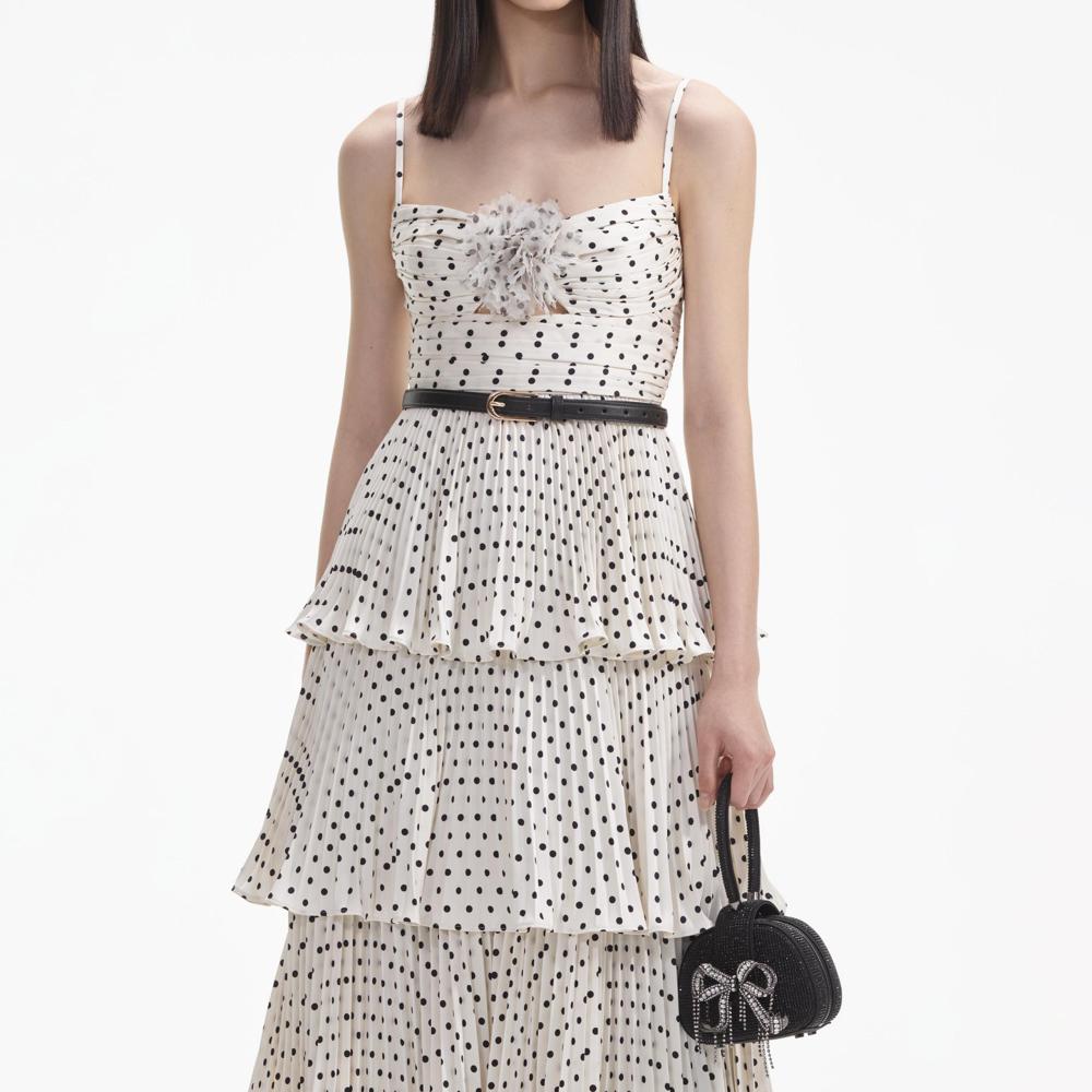 SELF PORTRAIT SS24 Cream Polka Dot Tiered Midi Dress